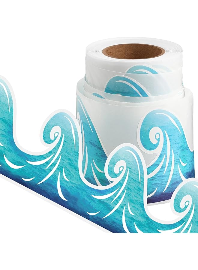 erorex Ocean Waves Bulletin Board Border Self Adhesive Blue Turquoise Trim Paper Beach Classroom Decorations Waterproof Back To School Office Chalkboard Decor 49.2 Feet - Image 1