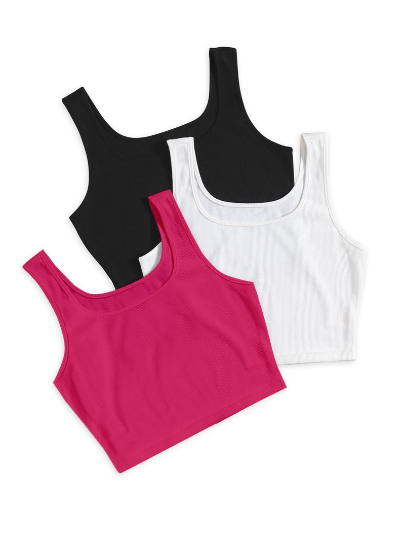 Berry&Bird BERRY BIRD® Women's Knitted Sleeveless Solid Sqaure Neck Ribbed Tank & Crop Tops (Pack of 3) - Image 1