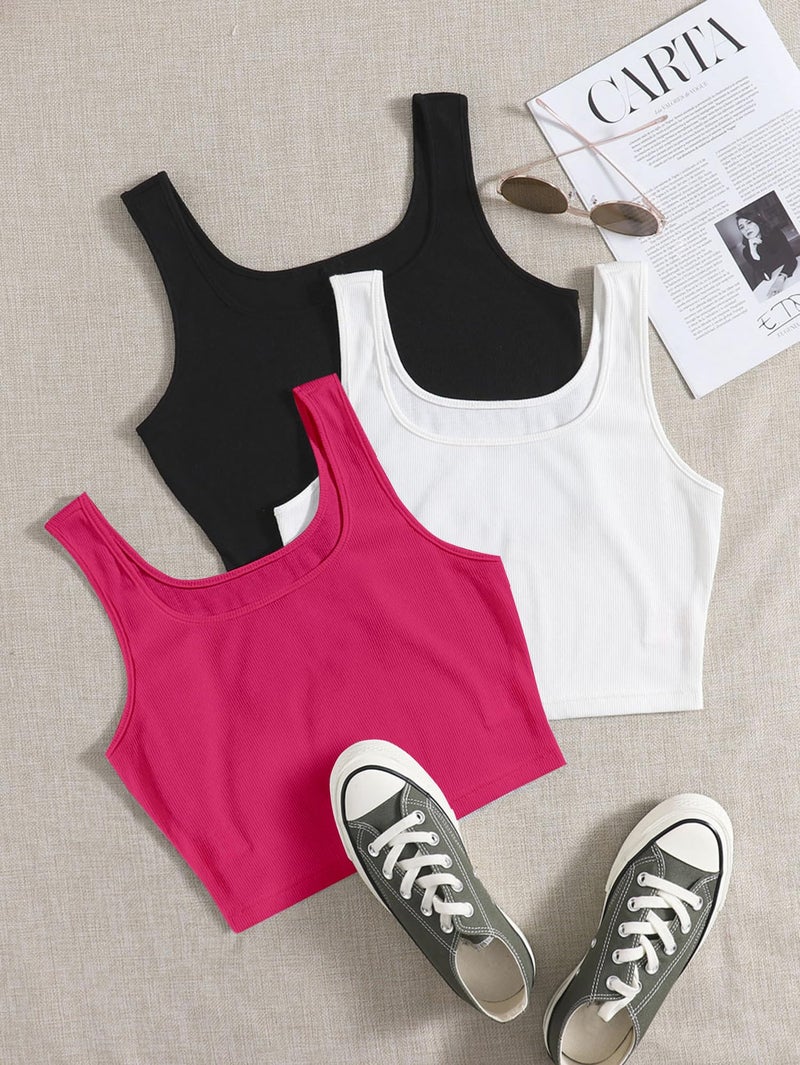 Berry&Bird BERRY BIRD® Women's Knitted Sleeveless Solid Sqaure Neck Ribbed Tank & Crop Tops (Pack of 3) - Image 2