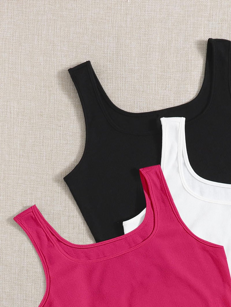 Berry&Bird BERRY BIRD® Women's Knitted Sleeveless Solid Sqaure Neck Ribbed Tank & Crop Tops (Pack of 3) - Image 4