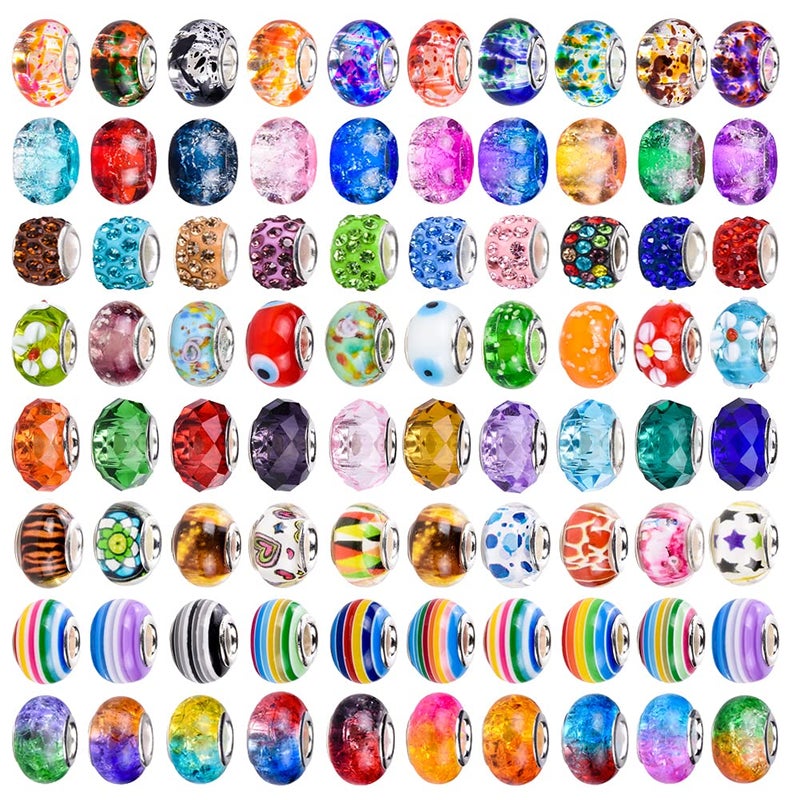 120 Pieces Assorted European Craft Beads Large Hole Lampwork Spacer Beads Colorful European Beads for DIY Necklace Bracelet Jewelry Making Abstract Flower