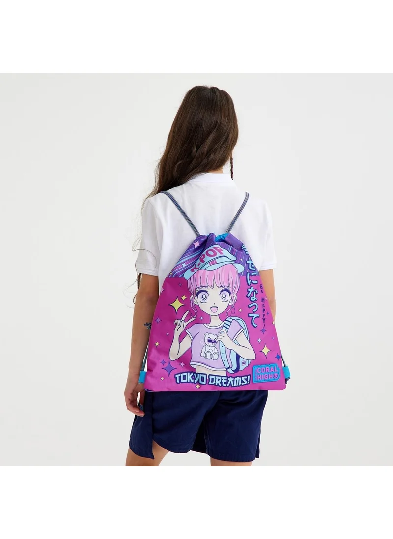 كورال هاي Kids Purple Pink Blue K-Pop Patterned Drawstring Backpack 22477