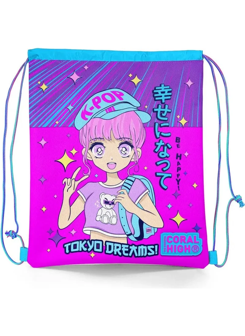 كورال هاي Kids Purple Pink Blue K-Pop Patterned Drawstring Backpack 22477