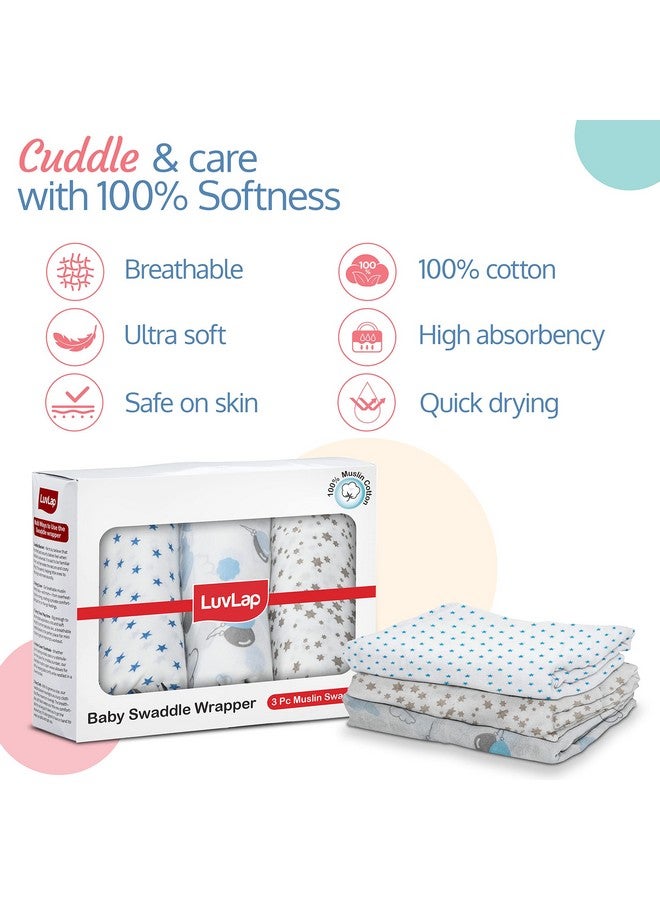 Luvlap 100% Cotton Muslin Baby Swaddle Set, Pack Of 3, Size-120Cm X 100Cm (47"X39"), Stars Printed On White, 0-18 Month+, Printed Mulmal Muslin Swaddle Wrap For New Born Baby - Image 3