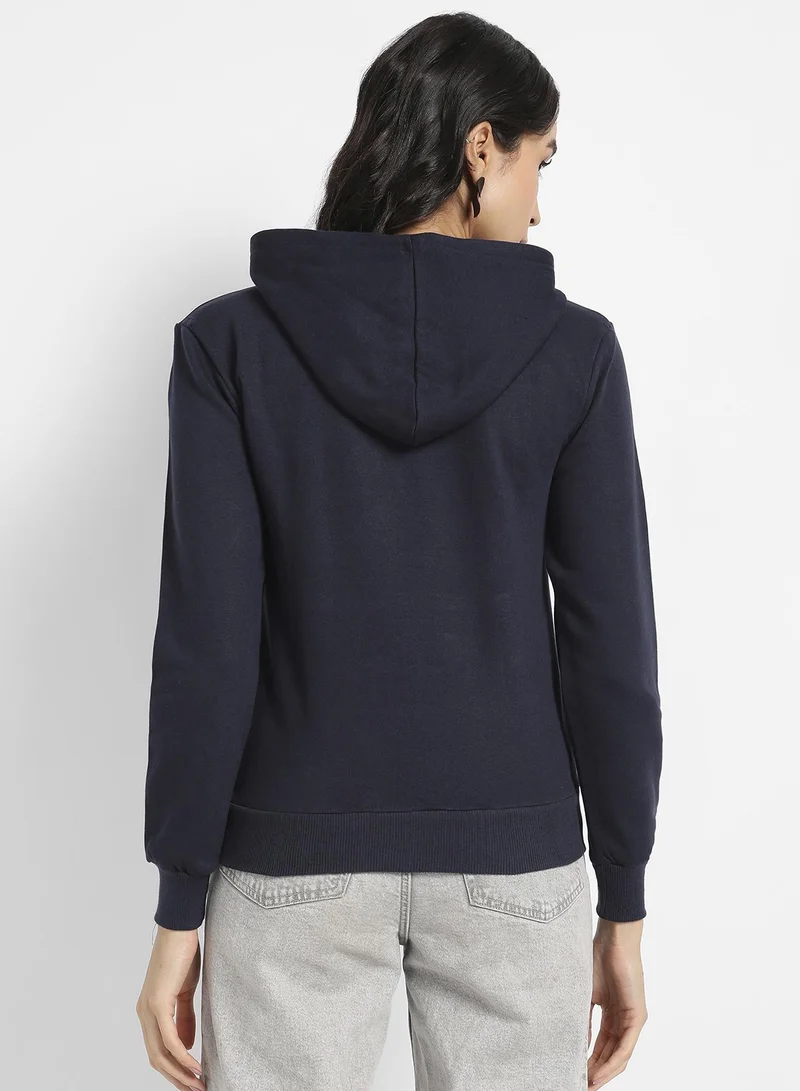 Campus Sutra Women's Navy Blue Hardened Law Hoodie With Kangaroo Pockets