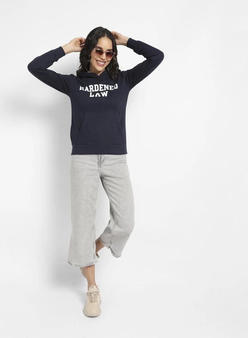 Campus Sutra Women's Navy Blue Hardened Law Hoodie With Kangaroo Pockets