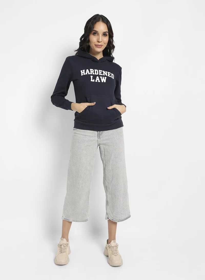 Campus Sutra Women's Navy Blue Hardened Law Hoodie With Kangaroo Pockets