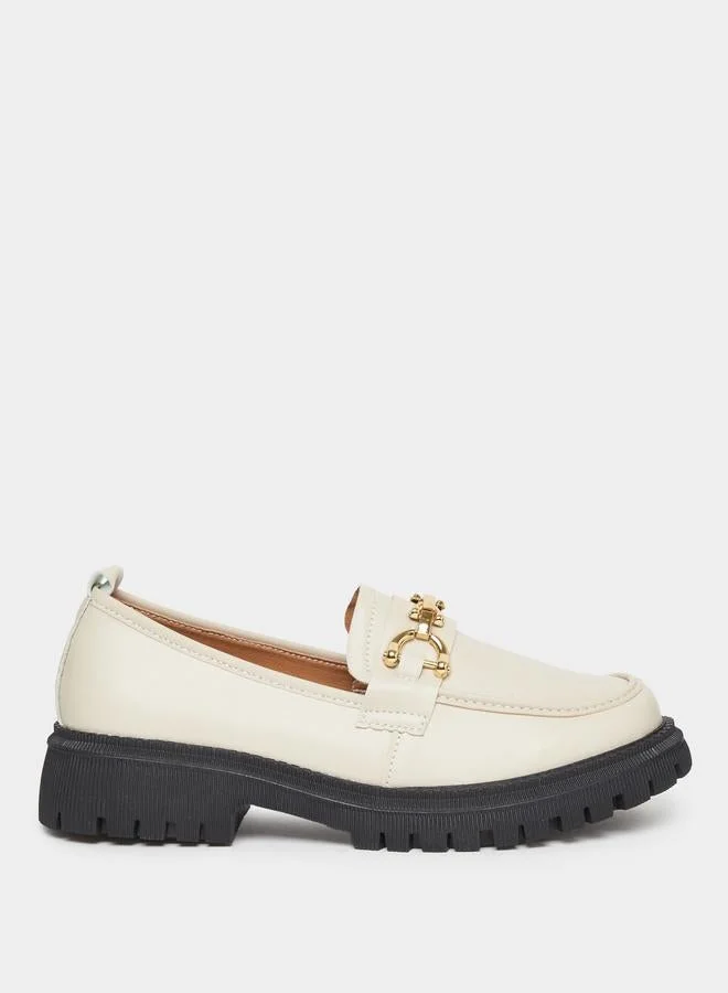 Styli Beige Chunky Loafers with Metal Accent