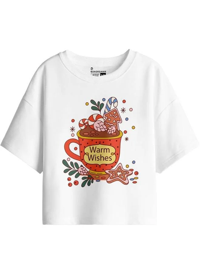 Bonorganik Girl's White 100% Cotton Printed Oversized T-Shirt