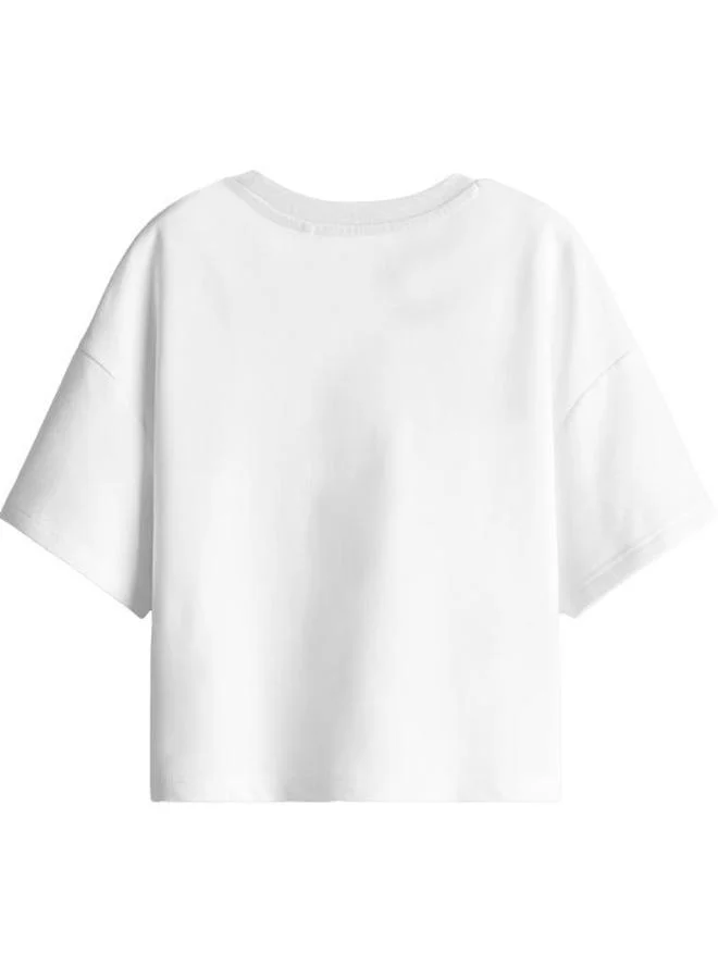 Bonorganik Girl's White 100% Cotton Printed Oversized T-Shirt
