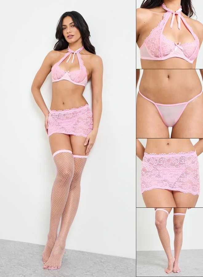Take Two Pack of 4 - Pink Lace Halter Bra, Skirt, Stockings and Thong Lingerie Set