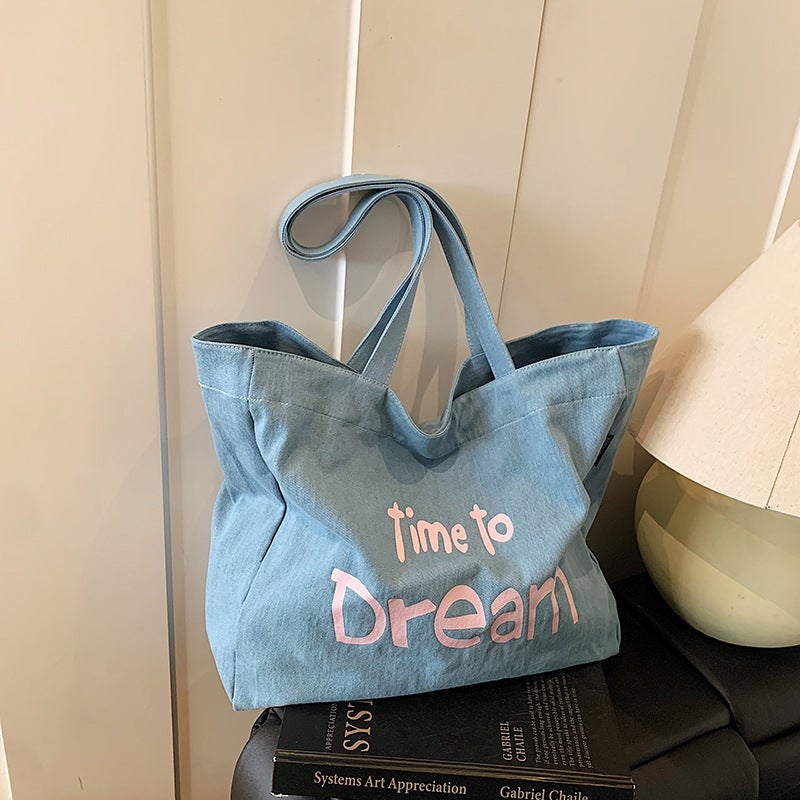 Denim Canvas Bag For Women, Simple And Versatile, Large-Capacity Printed Letter Armpit Bag, Work And Commuting Student Tote Bag, Trendy - Image 2