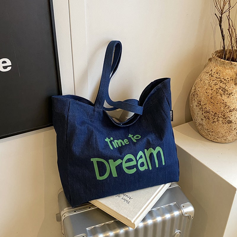 Denim Canvas Bag For Women, Simple And Versatile, Large-Capacity Printed Letter Armpit Bag, Work And Commuting Student Tote Bag, Trendy - Image 4