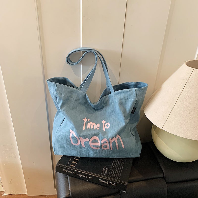 Denim Canvas Bag For Women, Simple And Versatile, Large-Capacity Printed Letter Armpit Bag, Work And Commuting Student Tote Bag, Trendy - Image 3