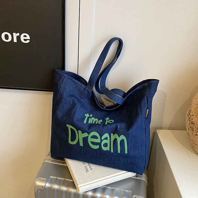 Denim Canvas Bag For Women, Simple And Versatile, Large-Capacity Printed Letter Armpit Bag, Work And Commuting Student Tote Bag, Trendy - Image 5