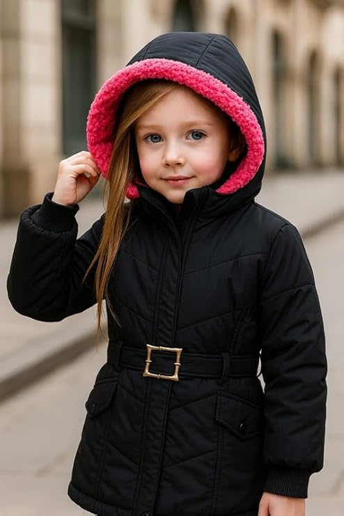 Krystle Girls’ Hooded Winter Jacket – Warm Quilted Puffer Coat with Belt, Water-Resistant Outerwear for Cold Weather (Black,6-7 Years) - Image 2