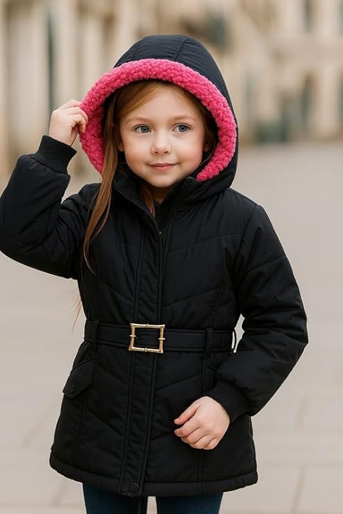 Krystle Girls’ Hooded Winter Jacket – Warm Quilted Puffer Coat with Belt, Water-Resistant Outerwear for Cold Weather (Black,6-7 Years) - Image 3