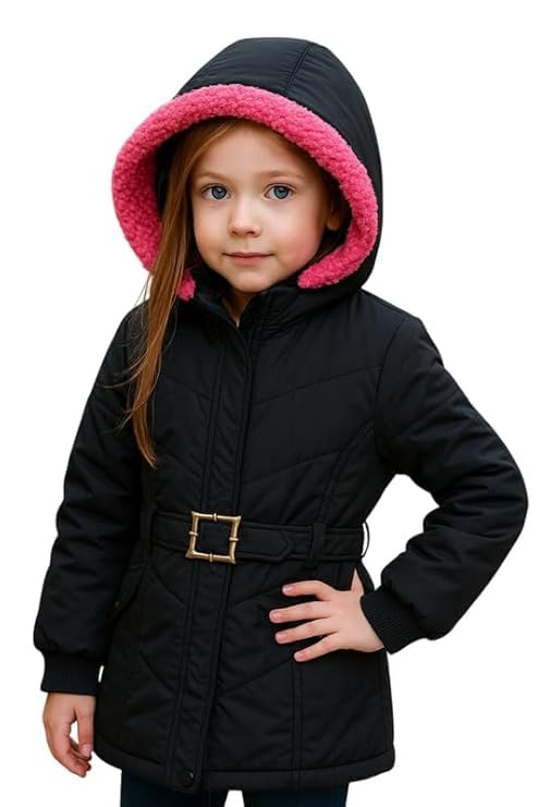 Krystle Girls’ Hooded Winter Jacket – Warm Quilted Puffer Coat with Belt, Water-Resistant Outerwear for Cold Weather (Black,6-7 Years) - Image 5