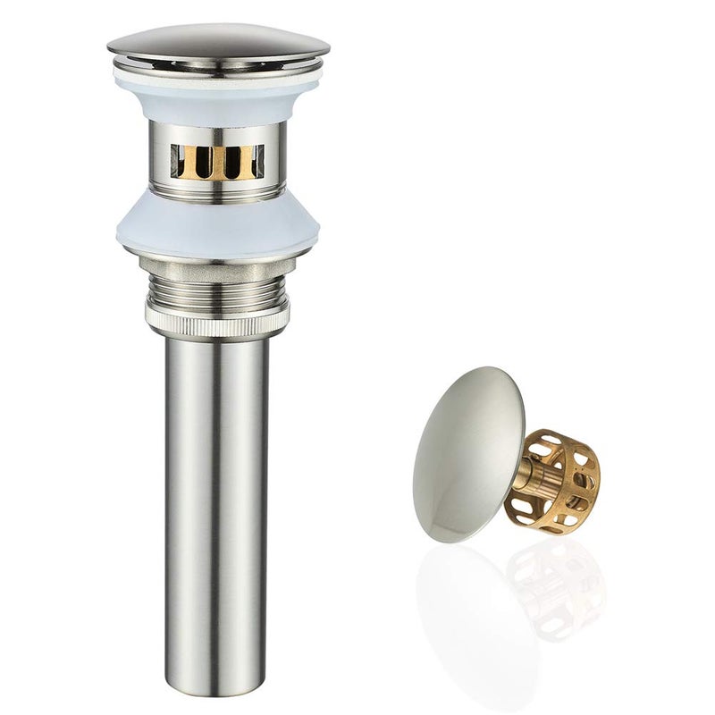 Bathroom Sink Drain with Strainer Basket Hair Catcher AntiExplosion Anti Clog Pop Up Drain Stopper Vanity Vessel Sink with Overflow Brushed Nickel