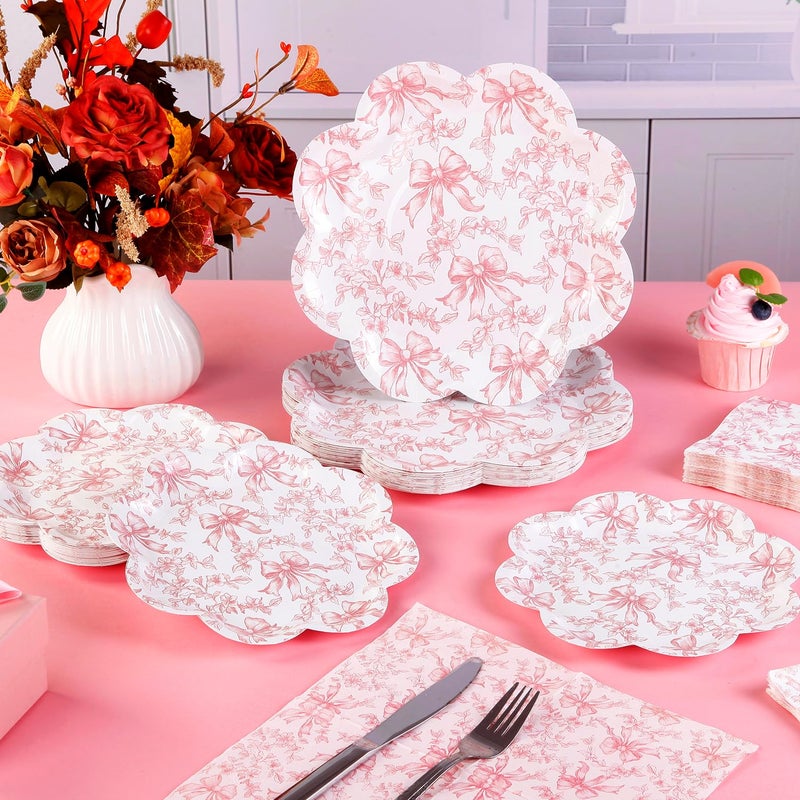 Quera 50 Pcs Pink Bow Paper Plates Coquette Party Supplies Pink Floral Scalloped Bowknot Disposable Plate 8 and 10 Inch Decorative Dinner Plate for Baby Bridal Shower Birthday Party Decoration Favors - Image 3