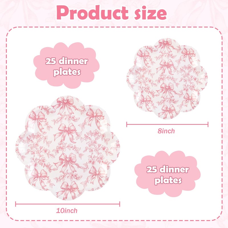 Quera 50 Pcs Pink Bow Paper Plates Coquette Party Supplies Pink Floral Scalloped Bowknot Disposable Plate 8 and 10 Inch Decorative Dinner Plate for Baby Bridal Shower Birthday Party Decoration Favors - Image 2