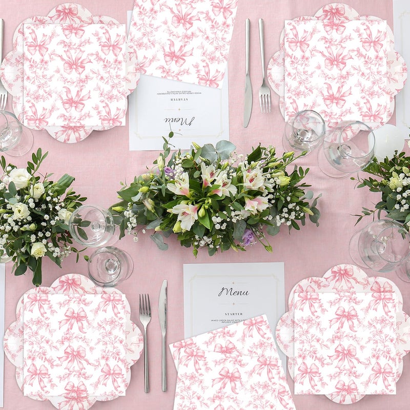 Quera 50 Pcs Pink Bow Paper Plates Coquette Party Supplies Pink Floral Scalloped Bowknot Disposable Plate 8 and 10 Inch Decorative Dinner Plate for Baby Bridal Shower Birthday Party Decoration Favors - Image 4
