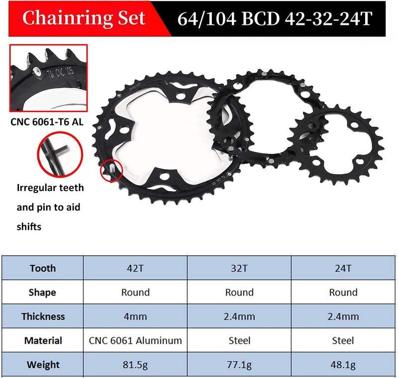BUCKLOS مجموعة كرنك دراجة مزدوجة/ثلاثية 64/104 BCD بتصميم مربع - 2x/3x دراجة جبلية MTB 170 مم مع حلقات سلسلة 22/24/26/32/38/42/44T لسرعات 8/9/10 - Image 3