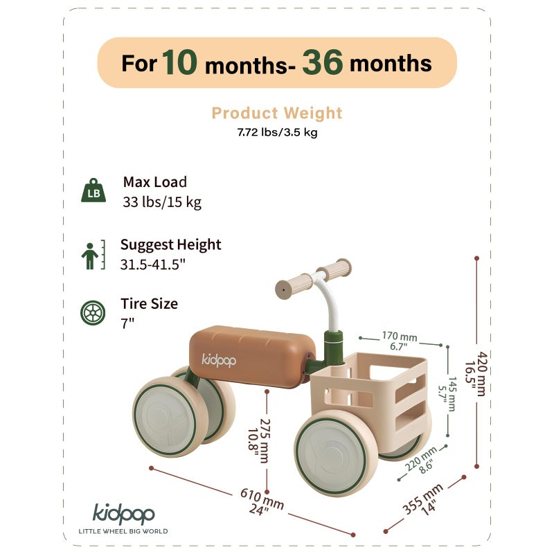 Kidpop Toast Baby Walker Convertible Push Rider with Detachable Seat, Anti-Tip Tri-Frame & Food-Grade Basket for 10-36 Months (Green) - Image 2