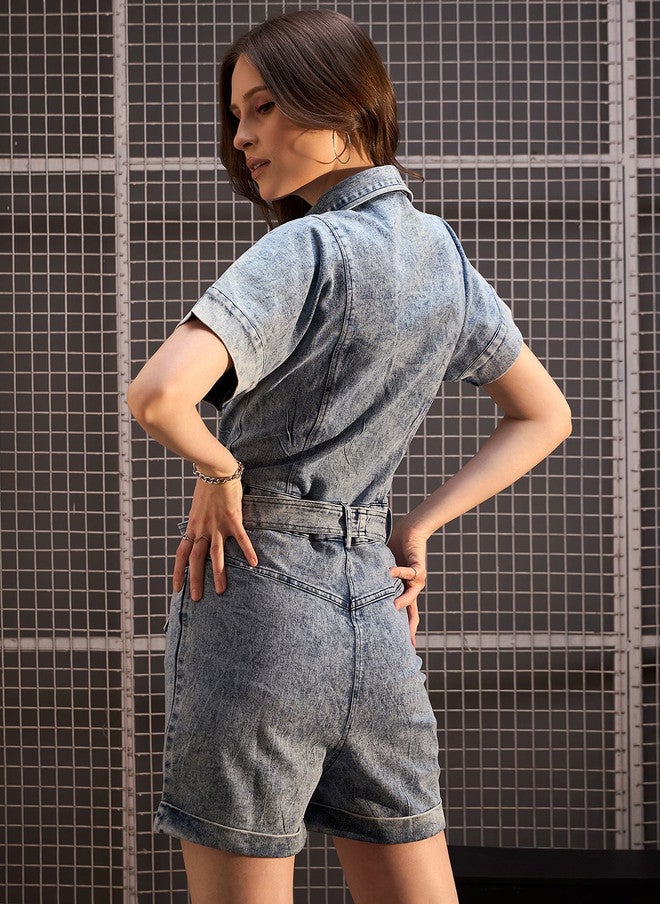 StyleStone Blue Denim Playsuit Jumpsuit with Shirt Collar and Short Sleeves - Image 4