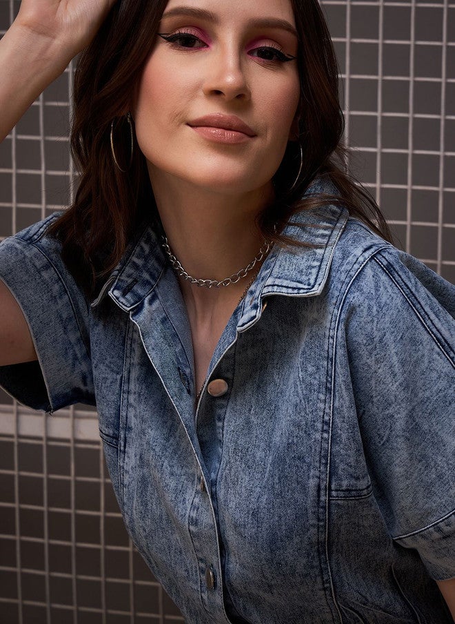 StyleStone Blue Denim Playsuit Jumpsuit with Shirt Collar and Short Sleeves - Image 2