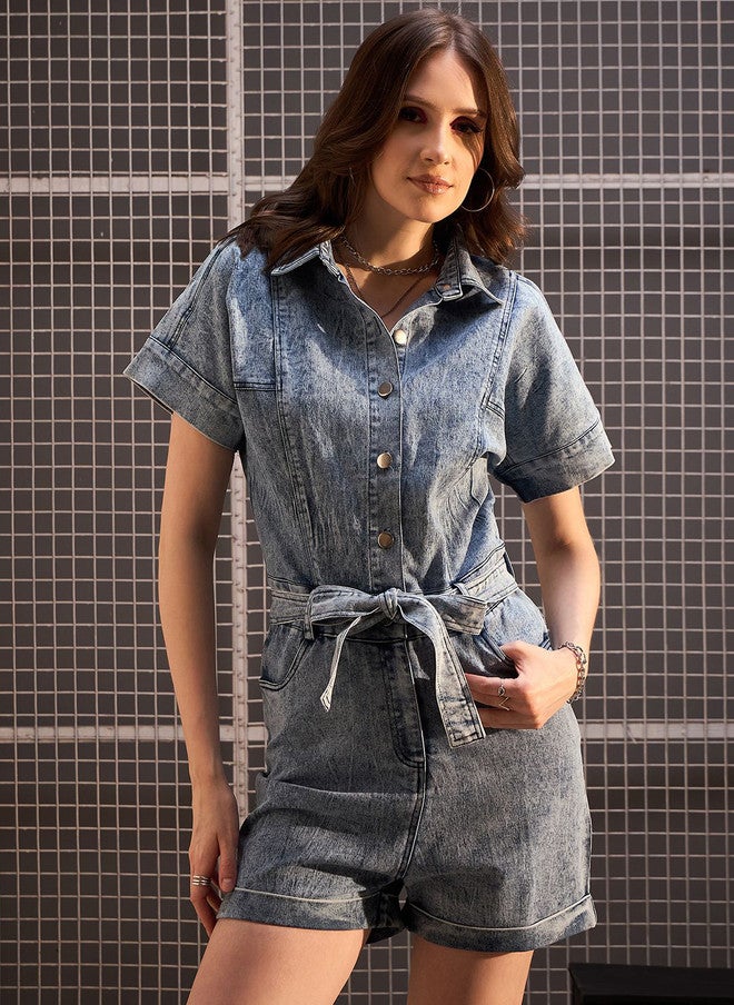 StyleStone Blue Denim Playsuit Jumpsuit with Shirt Collar and Short Sleeves - Image 1
