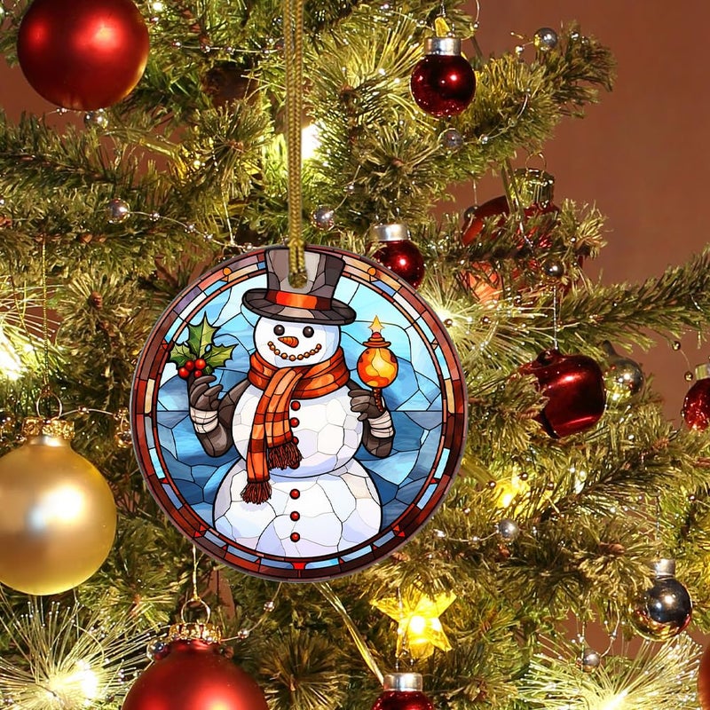 WLWLGLUCK Christmas Stained Glass Pattern Snowman Ceramic Ornament  Snowman Christmas Hanging Ornament  Snowman Ornament for Christmas Tree Decors  Retro Style Funny Snowman Hanging Decors - Image 4