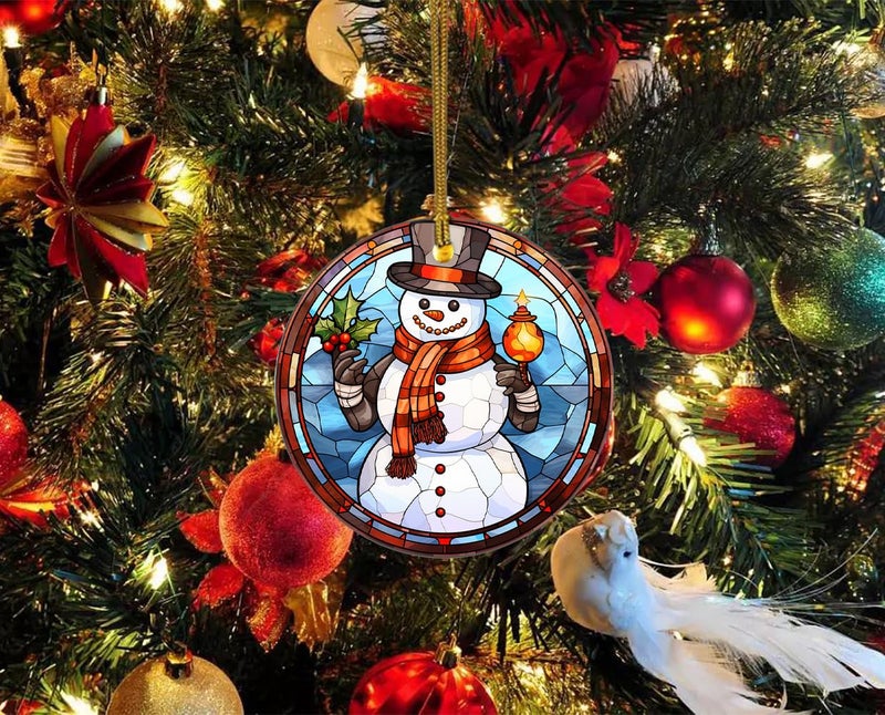 WLWLGLUCK Christmas Stained Glass Pattern Snowman Ceramic Ornament  Snowman Christmas Hanging Ornament  Snowman Ornament for Christmas Tree Decors  Retro Style Funny Snowman Hanging Decors - Image 3