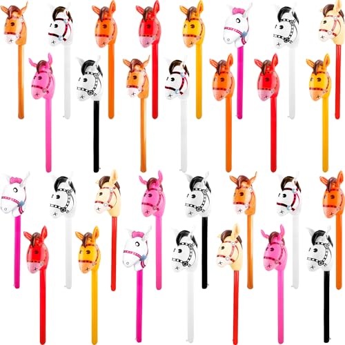 Haconba 30 Pcs Inflatable Horse Stick Blow up Horsehead Stick Inflatable Cowboy Cowgirl Pony Stick Horse Stick Balloons for Birthday Christmas Pool Cowboy Theme Party Decoration Color set 3 - Image 1