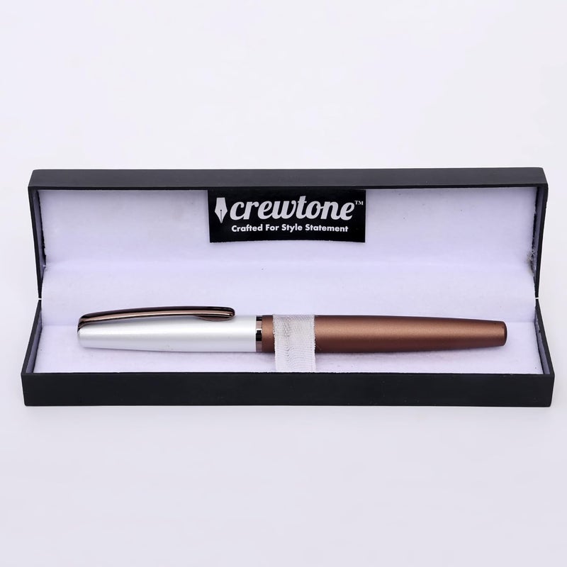crewtone 20599 Luxury Roller Ball Pen Coffee color Metal Body With Satin White Cap & Glossy Brown Clip, Gift Set for Men & Women, Student, And Executives With High End Gift Box. - Image 3