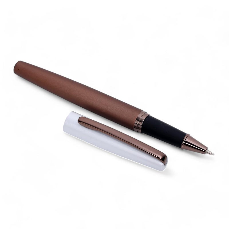 crewtone 20599 Luxury Roller Ball Pen Coffee color Metal Body With Satin White Cap & Glossy Brown Clip, Gift Set for Men & Women, Student, And Executives With High End Gift Box. - Image 1