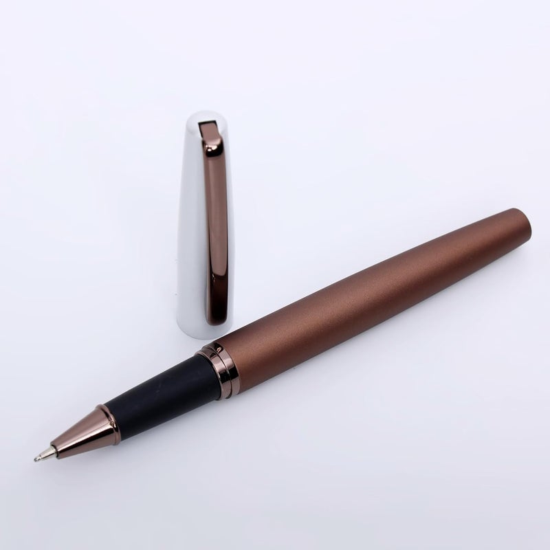 crewtone 20599 Luxury Roller Ball Pen Coffee color Metal Body With Satin White Cap & Glossy Brown Clip, Gift Set for Men & Women, Student, And Executives With High End Gift Box. - Image 2