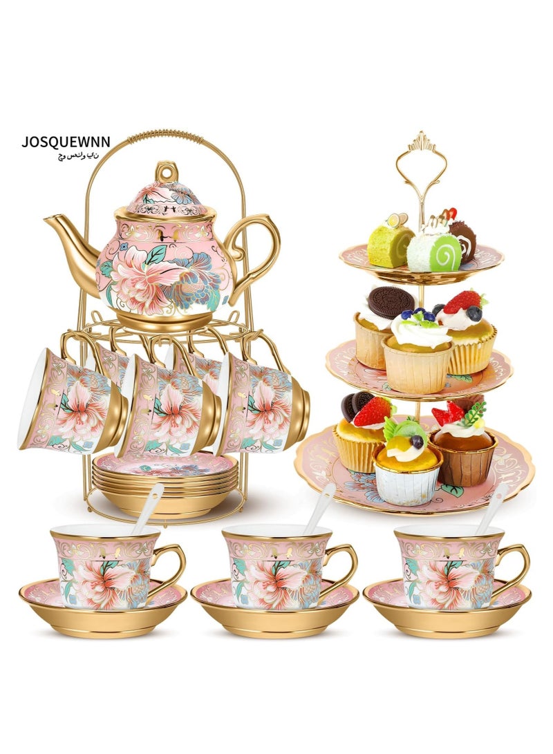 JOSQUEWNN 20pcs Porcelain Teapot Set with Metal Holder and Cupcake Stand 700ml Ceramic Tea Pot 180ml Cups Saucers Cupcake Tier Tower European Tea Set for Women Girls Tea Parties Weddings Gifts,Pink.  - Image 1