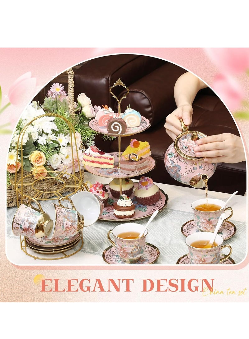 JOSQUEWNN 20pcs Porcelain Teapot Set with Metal Holder and Cupcake Stand 700ml Ceramic Tea Pot 180ml Cups Saucers Cupcake Tier Tower European Tea Set for Women Girls Tea Parties Weddings Gifts,Pink.  - Image 3