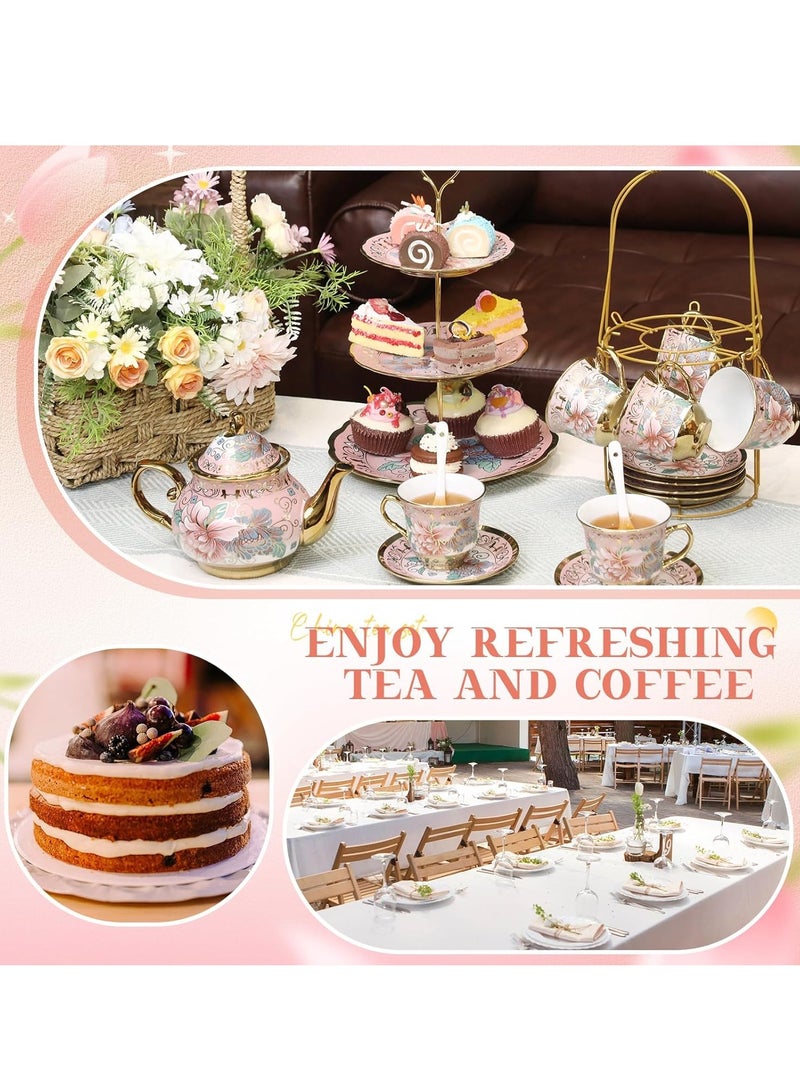 JOSQUEWNN 20pcs Porcelain Teapot Set with Metal Holder and Cupcake Stand 700ml Ceramic Tea Pot 180ml Cups Saucers Cupcake Tier Tower European Tea Set for Women Girls Tea Parties Weddings Gifts,Pink.  - Image 5