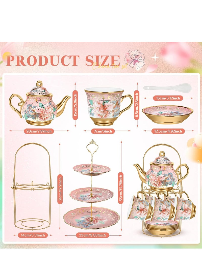 JOSQUEWNN 20pcs Porcelain Teapot Set with Metal Holder and Cupcake Stand 700ml Ceramic Tea Pot 180ml Cups Saucers Cupcake Tier Tower European Tea Set for Women Girls Tea Parties Weddings Gifts,Pink.  - Image 2