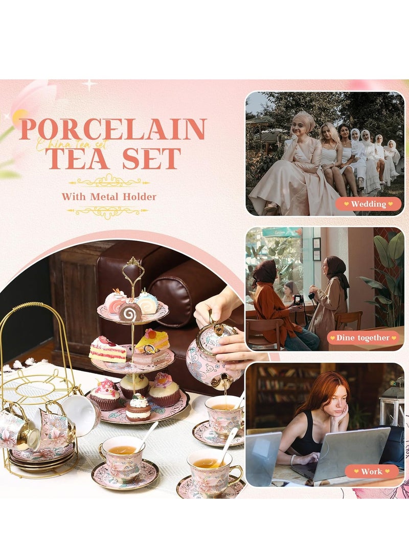 JOSQUEWNN 20pcs Porcelain Teapot Set with Metal Holder and Cupcake Stand 700ml Ceramic Tea Pot 180ml Cups Saucers Cupcake Tier Tower European Tea Set for Women Girls Tea Parties Weddings Gifts,Pink.  - Image 4
