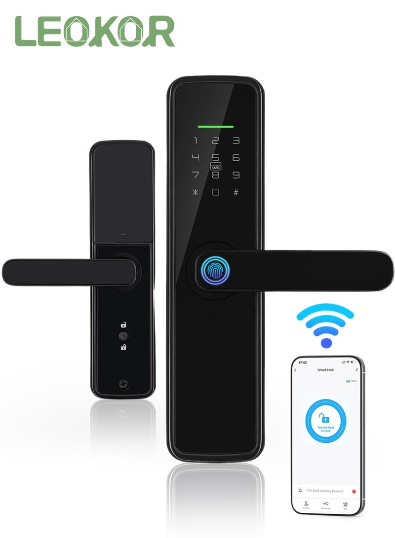 LEOKOR Smart Door Lock, Keyless Entry Smart Lock, 5-in-1 Fingerprint Door Lock, WiFi App Control, Fingerprint Entry, Passwords, 2 Keys, 2 RFID Cards, Support Arabic Langauge, Mortise 4585, Suitable for Home, Apartment, Villa, Office, Hotel (Black) - Image 1
