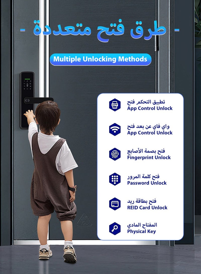 LEOKOR Smart Door Lock, Keyless Entry Smart Lock, 5-in-1 Fingerprint Door Lock, WiFi App Control, Fingerprint Entry, Passwords, 2 Keys, 2 RFID Cards, Support Arabic Langauge, Mortise 4585, Suitable for Home, Apartment, Villa, Office, Hotel (Black) - Image 2
