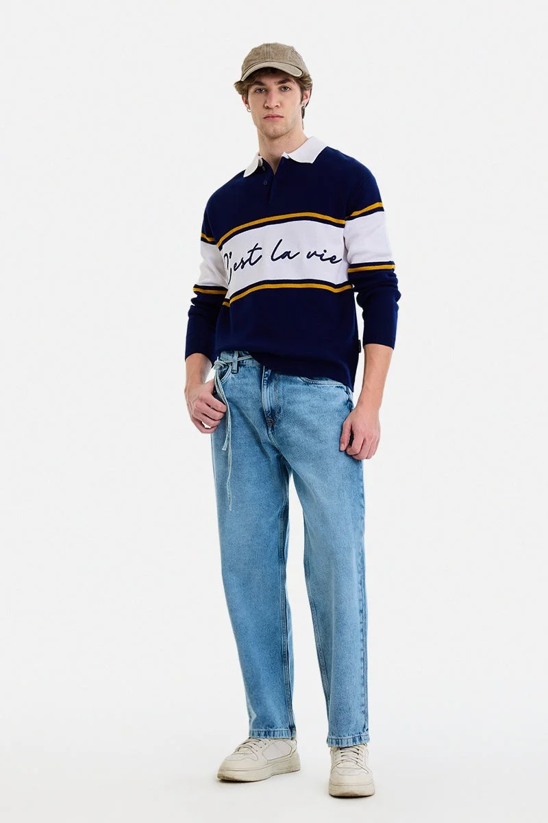 سنيتش Navy Striped Long Sleeve Regular Fit Sweater