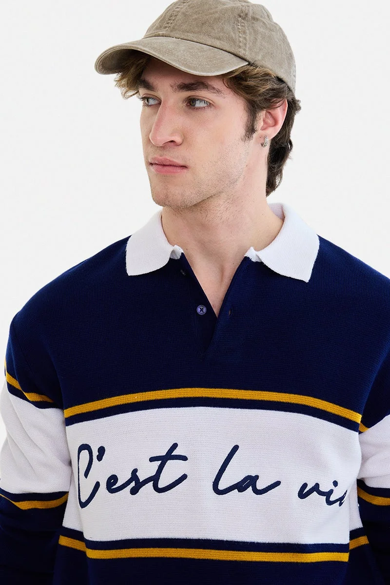 سنيتش Navy Striped Long Sleeve Regular Fit Sweater