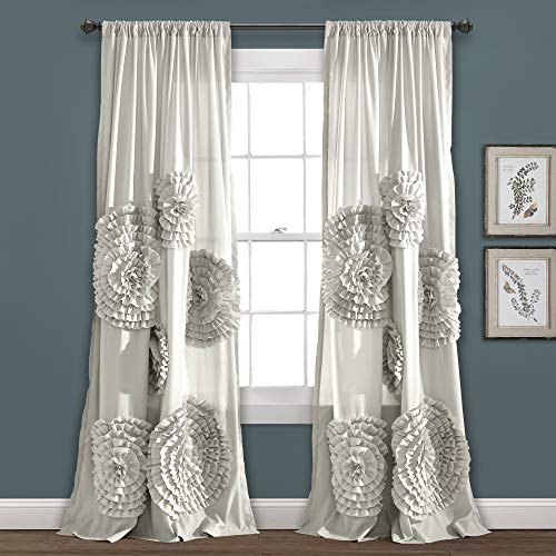 Lush Decor Lush Decor Serena Window Curtain Panel Single Panel 54 W x 84 L Light Gray  Ruched Ruffled Flower Design  Ruffle Curtains for Bedroom Living  Dining Room  Vintage Glam  Farmhouse Home Decor