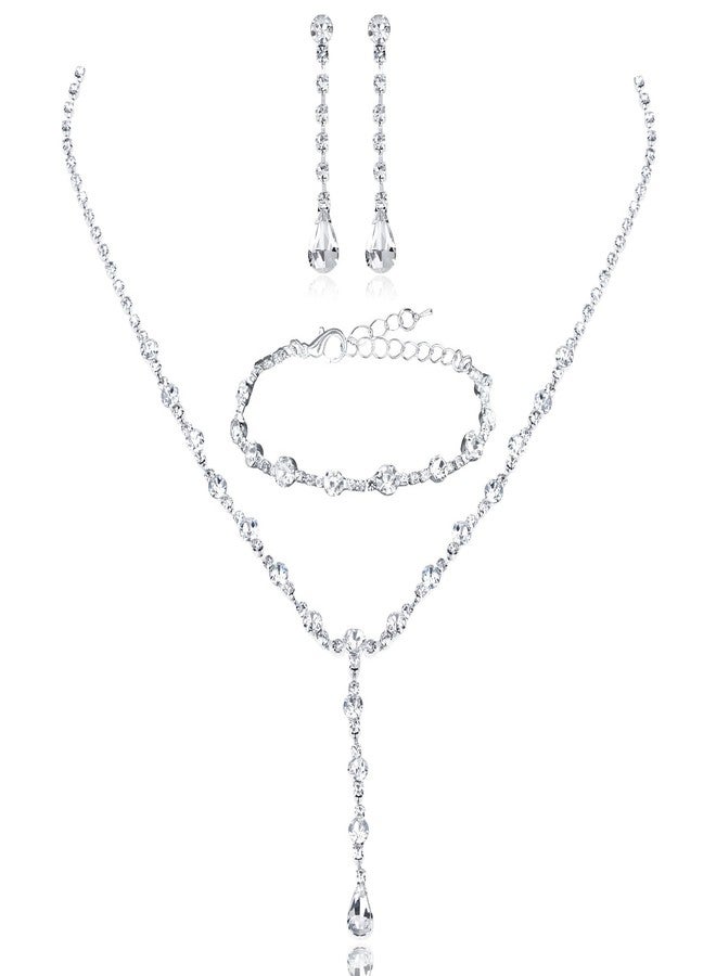 كافتي طقم مجوهرات فضي من CAVETEE للنساء، قلادة وأقراط وسوار مرصع بالكريستال، هدية مثالية للعرائس، مقاس واحد، مصنوع من سبيكة نحاسية ومرصع بالكريستال. - Image 1