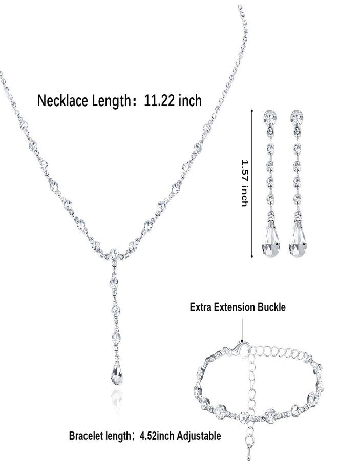 كافتي طقم مجوهرات فضي من CAVETEE للنساء، قلادة وأقراط وسوار مرصع بالكريستال، هدية مثالية للعرائس، مقاس واحد، مصنوع من سبيكة نحاسية ومرصع بالكريستال. - Image 4