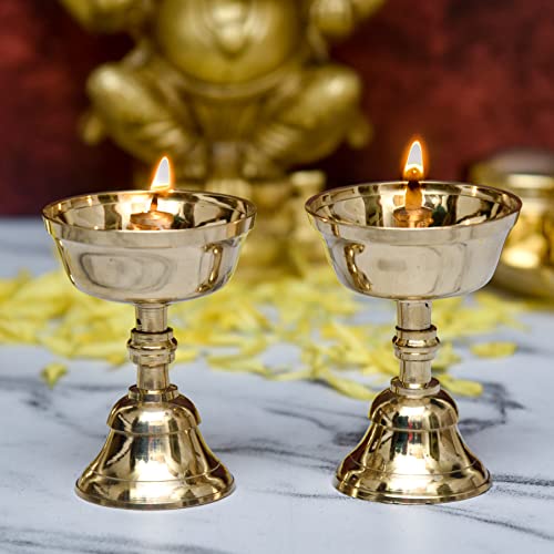 Bhimonee Decor Pure Brass Akhand Jyothi Pyali Stand – Nanda Table Diya for Pooja & Home Temple (3.2 Inches, Pack of 2) - Image 1